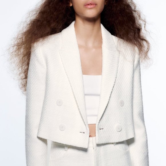ZARA OYSTER WHITE TWEED DOUBLE BREASTED CROPPED BLAZER $129 - Picture 8 of 16